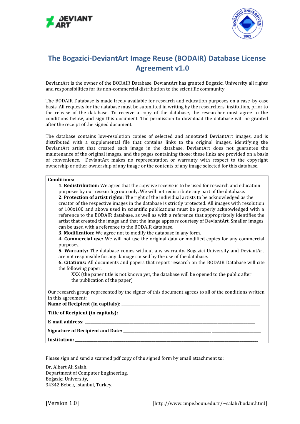 The Bogazici-Deviantart Image Reuse (BODAIR) Database License Agreement V1.0