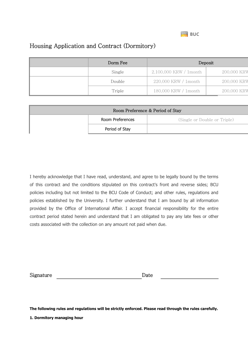 Housing Application and Contract (Dormitory)