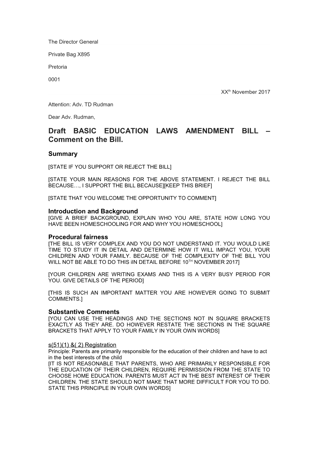 Draft BASIC EDUCATION LAWS AMENDMENT BILL Comment on the Bill