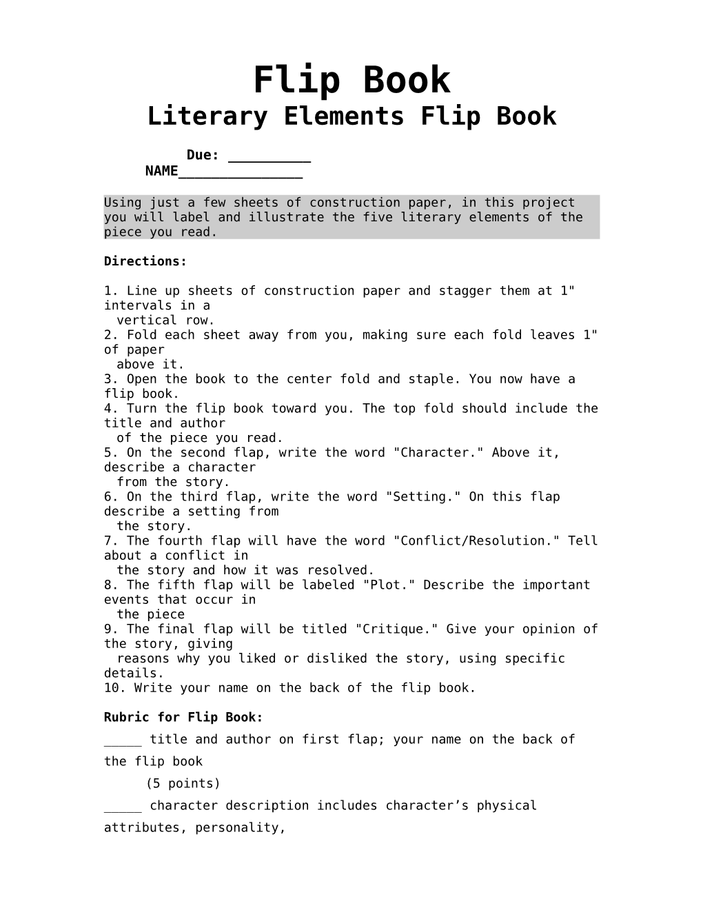 Literary Elements Flip Book