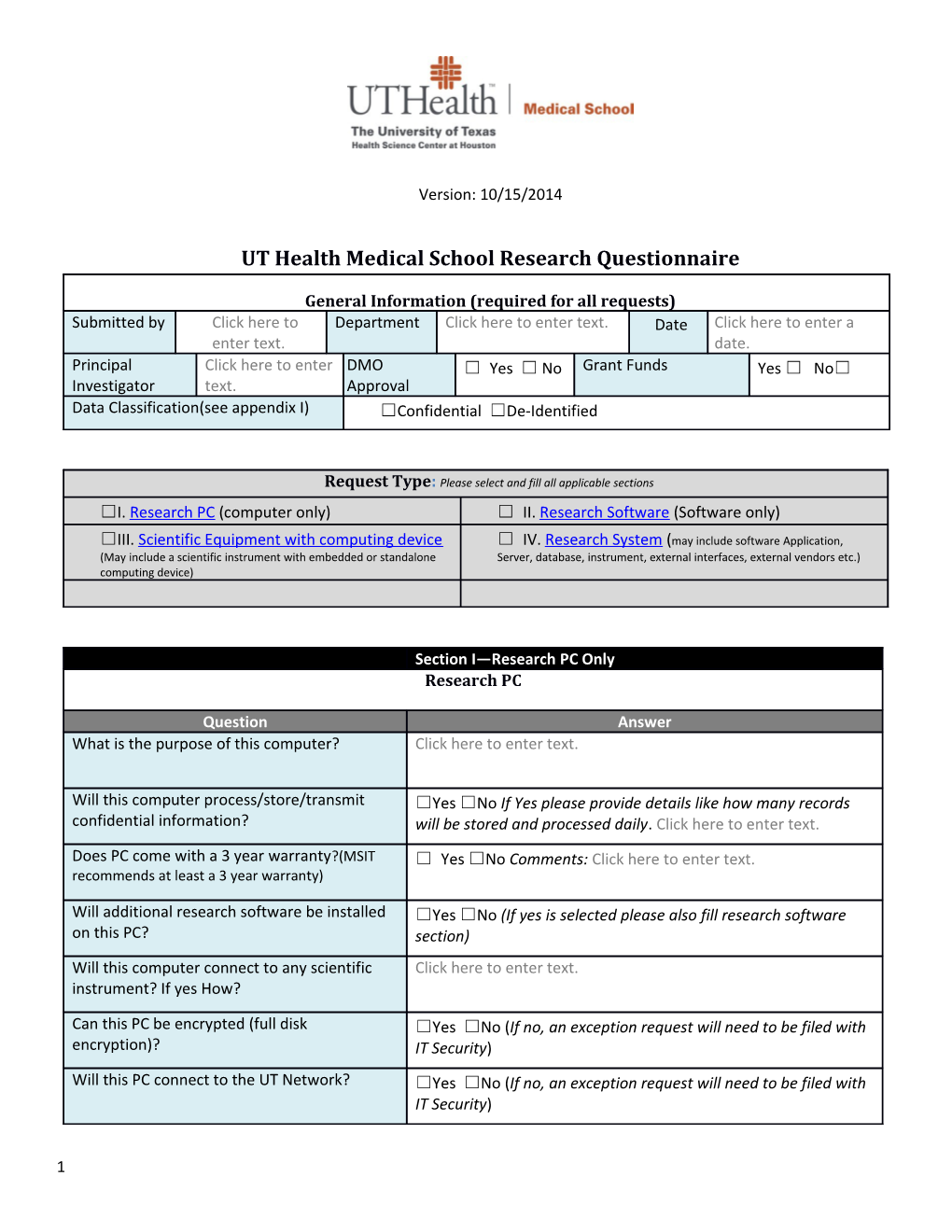 UT Health Medical School Research Questionnaire