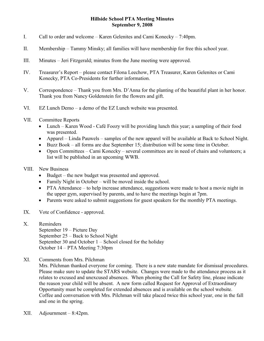 Hillside School PTA Meeting Minutes