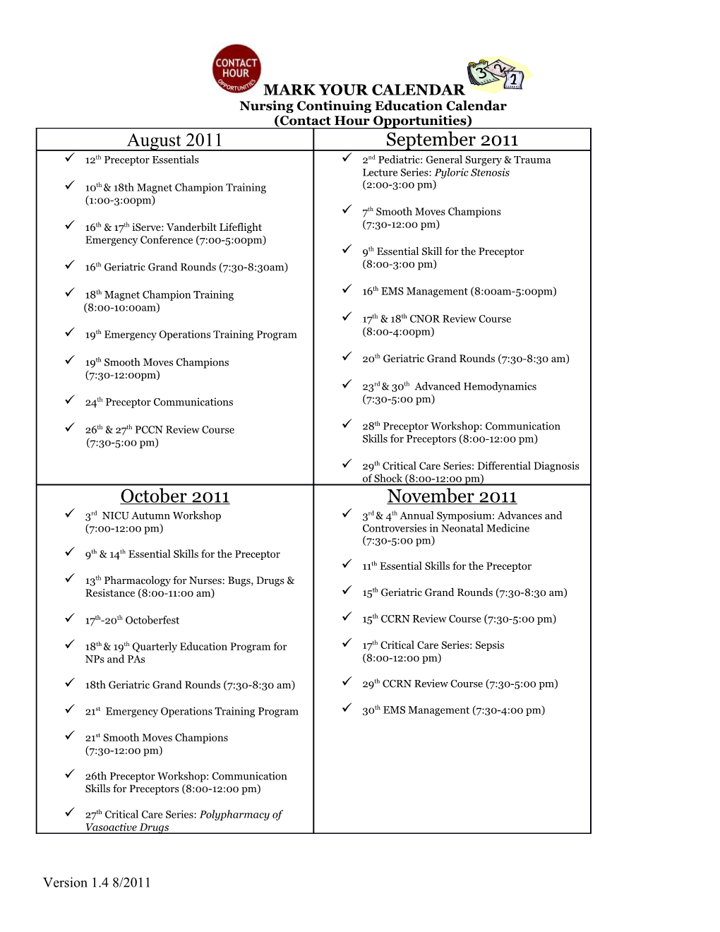 Nursing Continuing Education Calendar