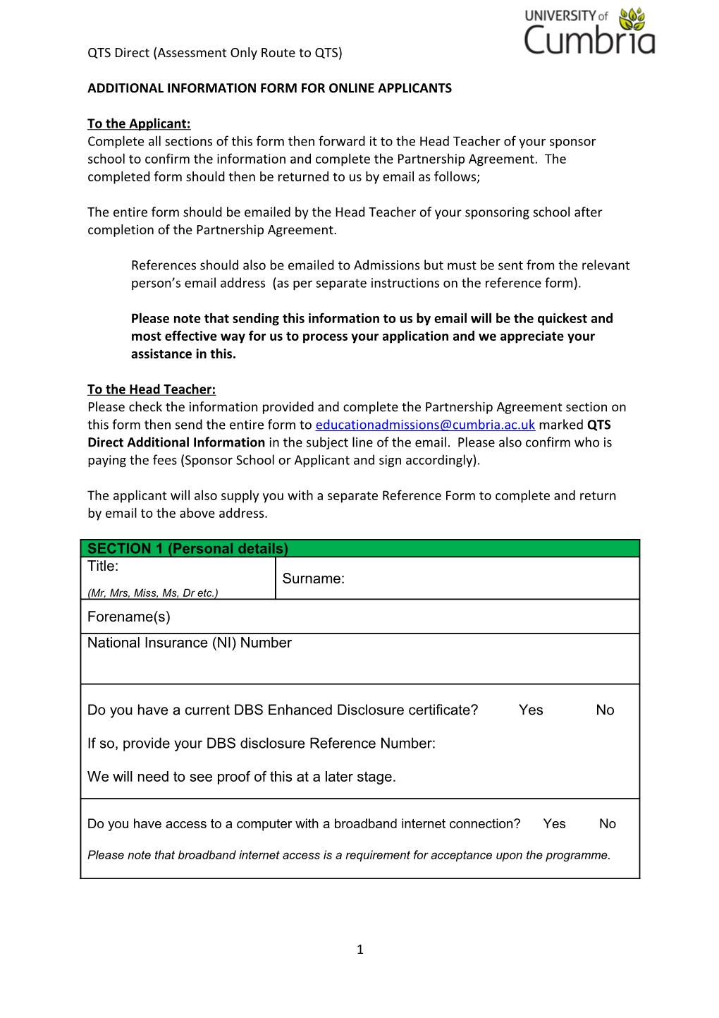 Additional Information Form for Online Applicants