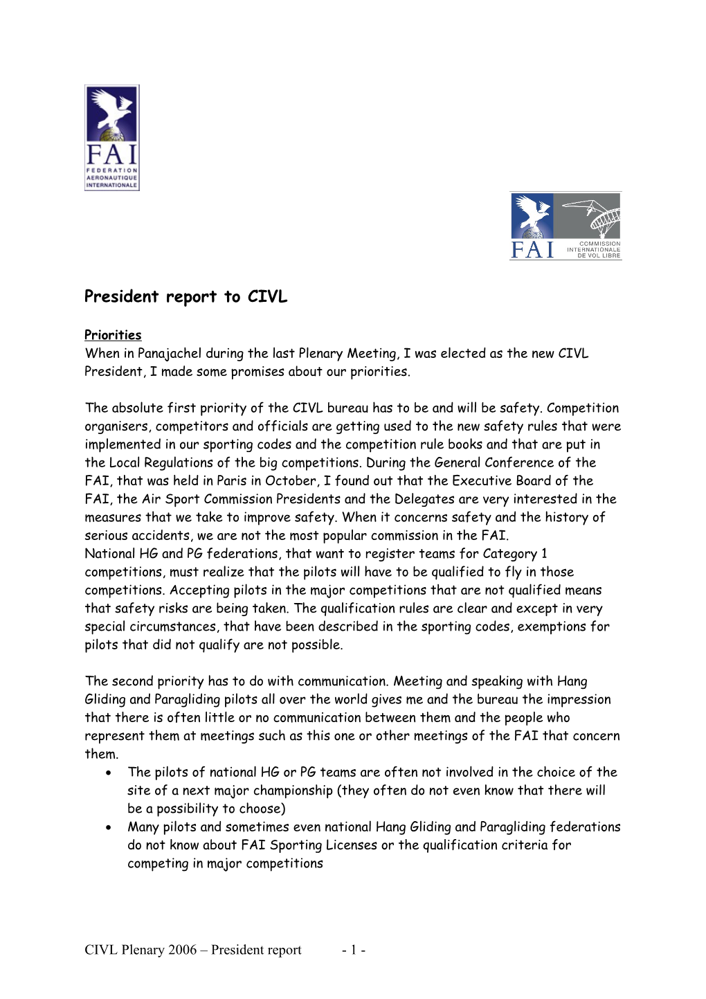 President Report to CIVL