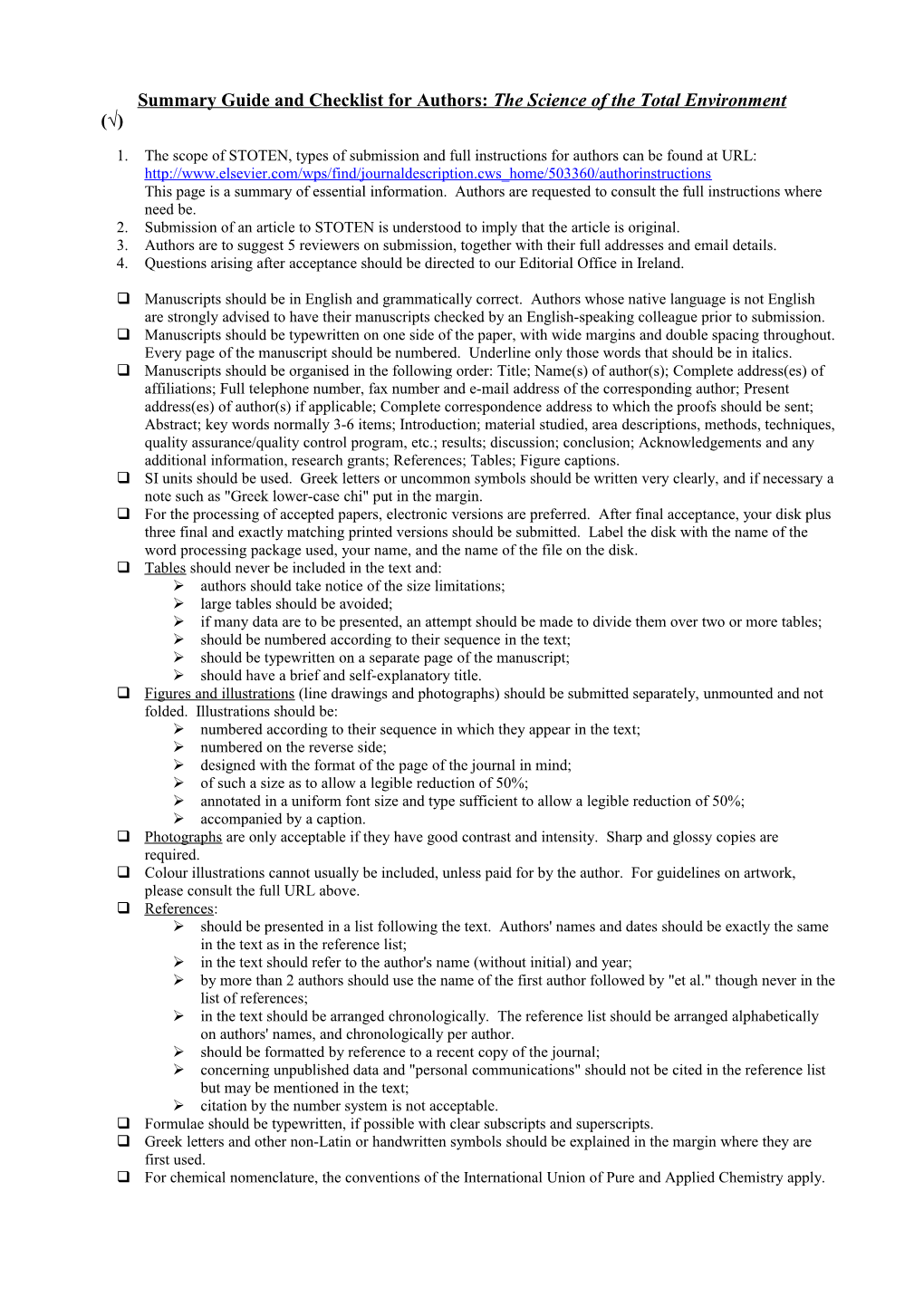 Summary Guide and Checklist for Authors: the Science of the Total Environment