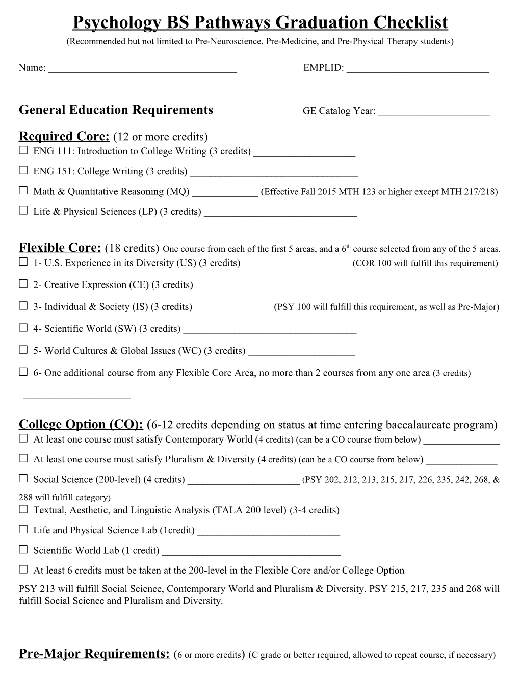 Psychology BS Pathways Graduation Checklist