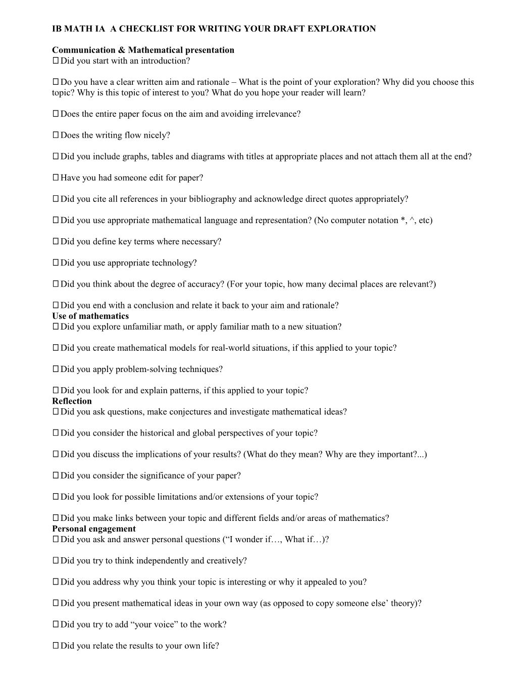 Ib Math Sl Ia a Checklist for Writing Your Draft Exploration