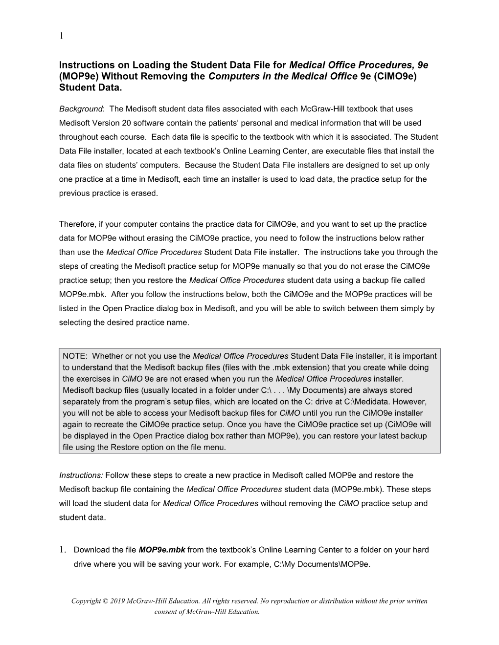 Instructions on Loading the Student Data File for Medical Office Procedures, 9E (Mop9e)