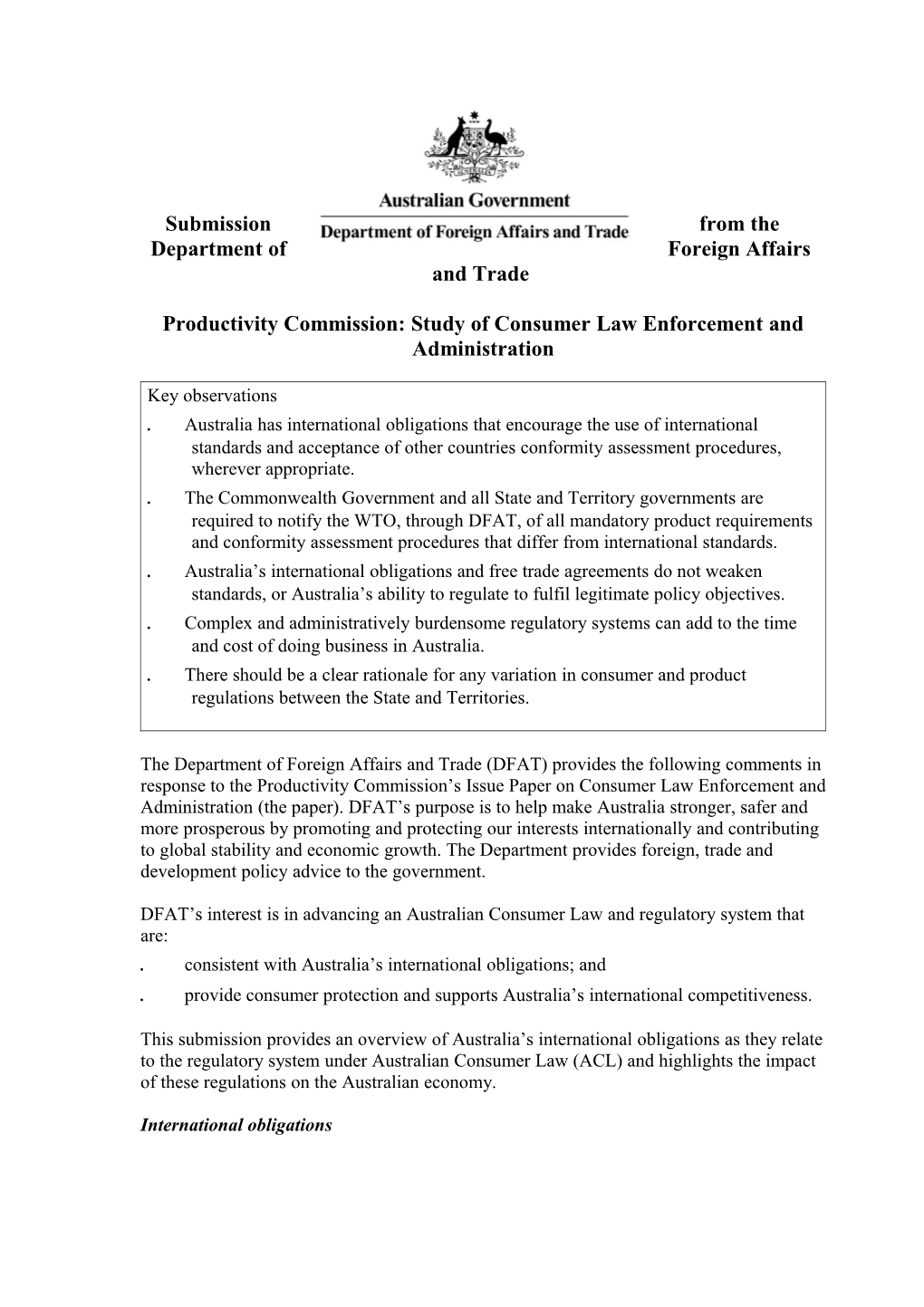 Submission 29 - Department of Foreign Affairs and Trade - Consumer Law Enforcement And