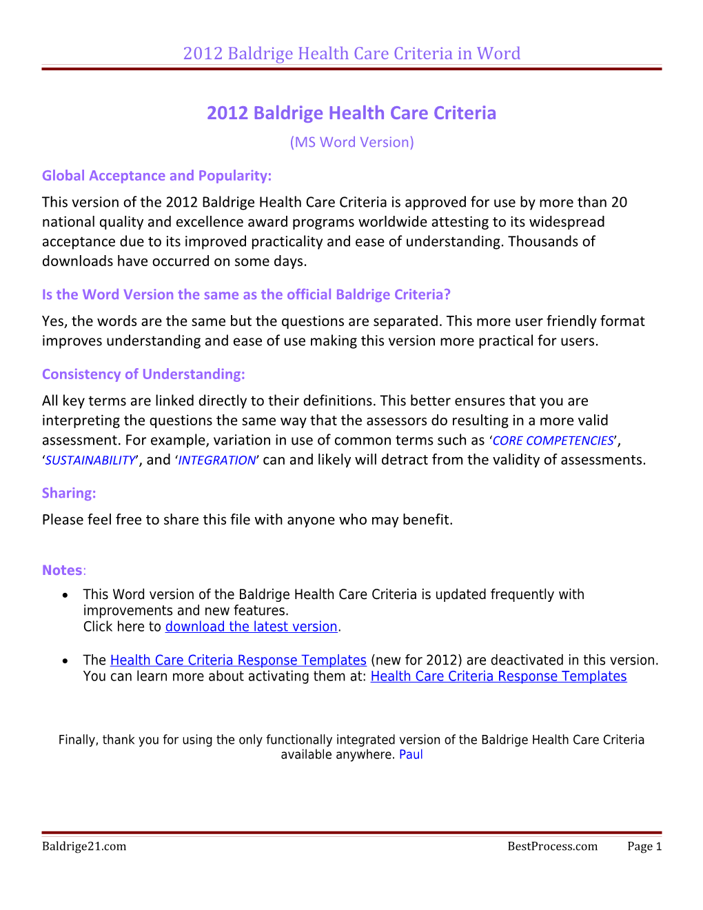 2012 Baldrige Health Care Criteria in Word