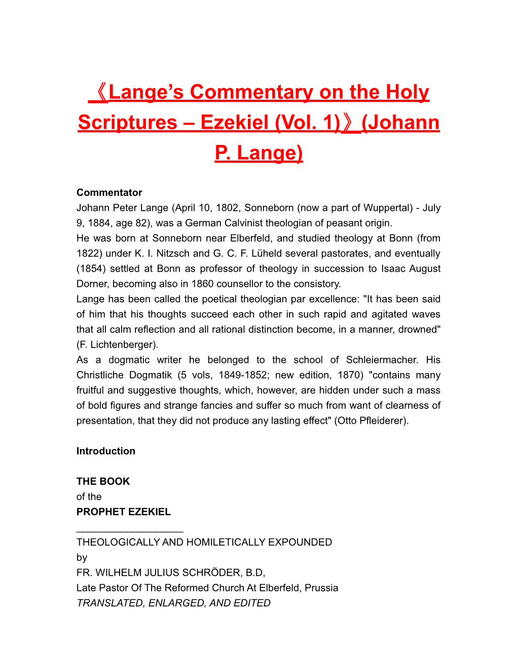 Lange S Commentary on the Holy Scriptures Ezekiel (Vol. 1) (Johann P. Lange)