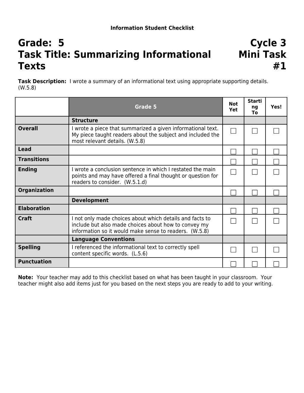 Information Student Checklist