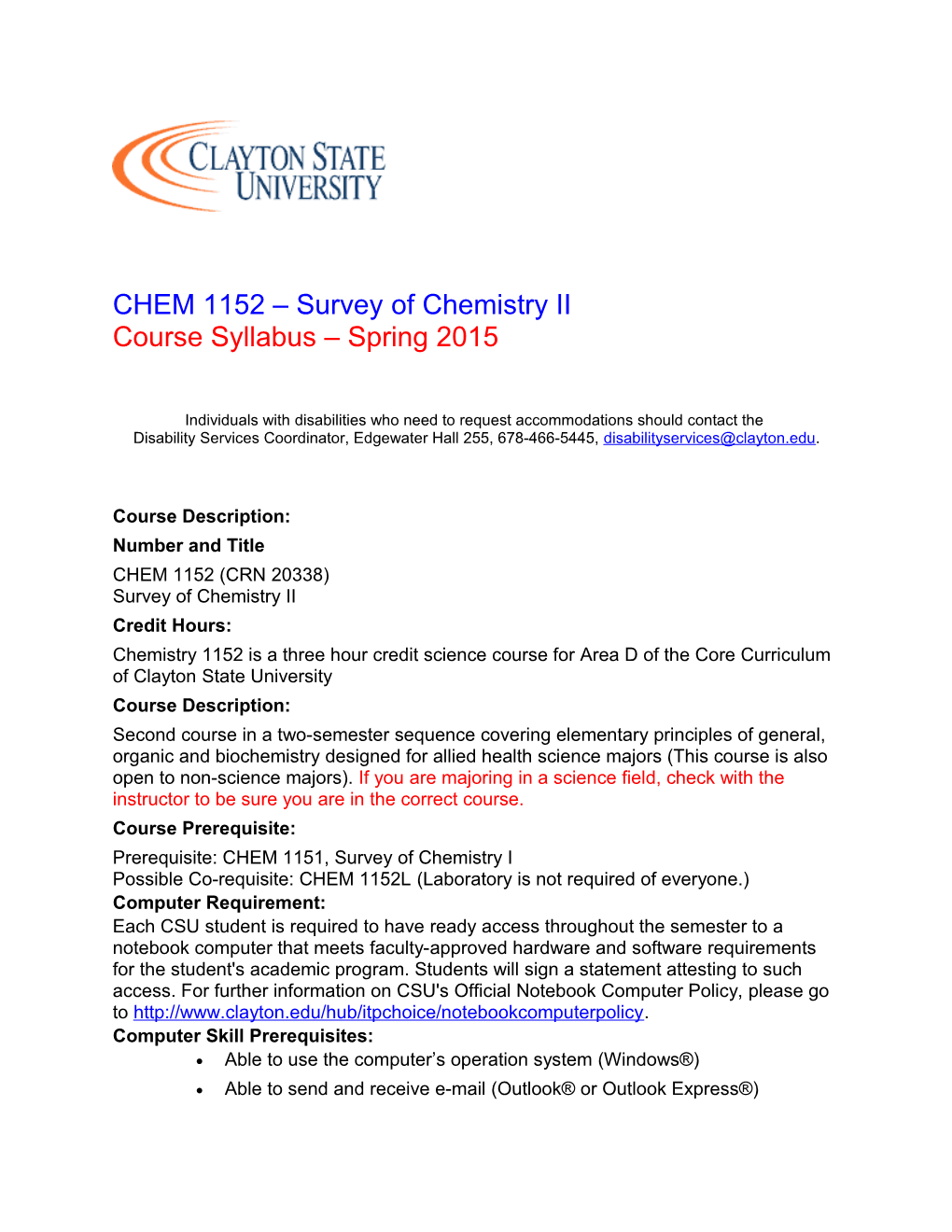 CHEM 1152 Survey of Chemistry II Course Syllabus Spring 2015