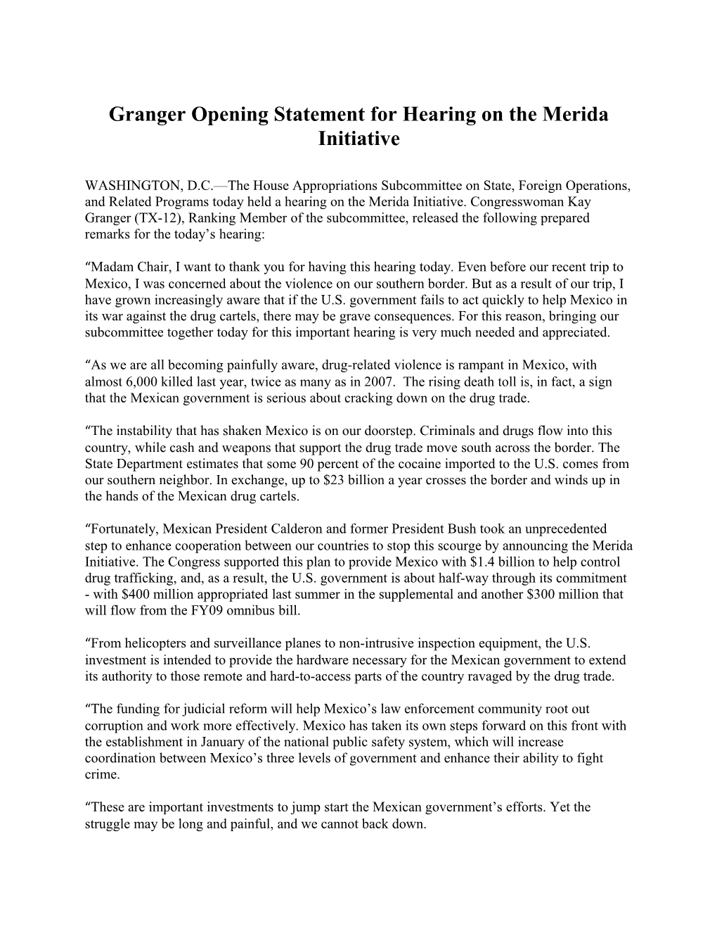 Granger Opening Statement for Hearing on the Merida Initiative