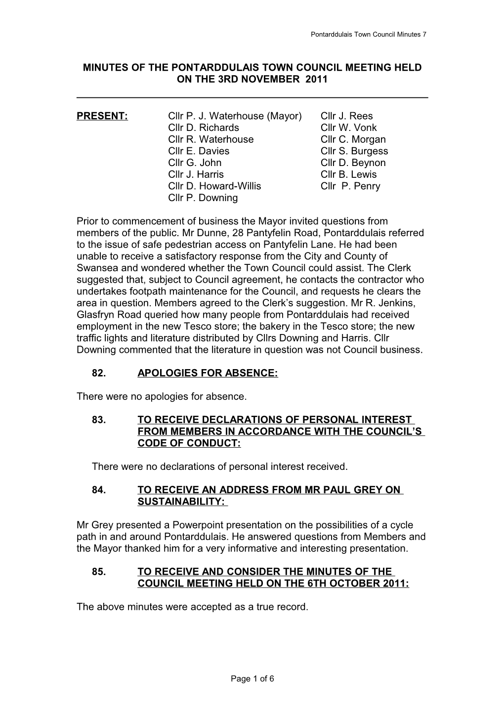 Minutes of the Pontarddulais Town Council Held on the 8Th January 2008 s1