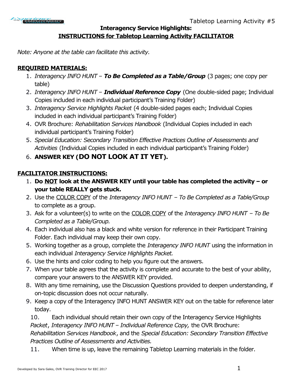 INSTRUCTIONS for Tabletop Learning Activity FACILITATOR