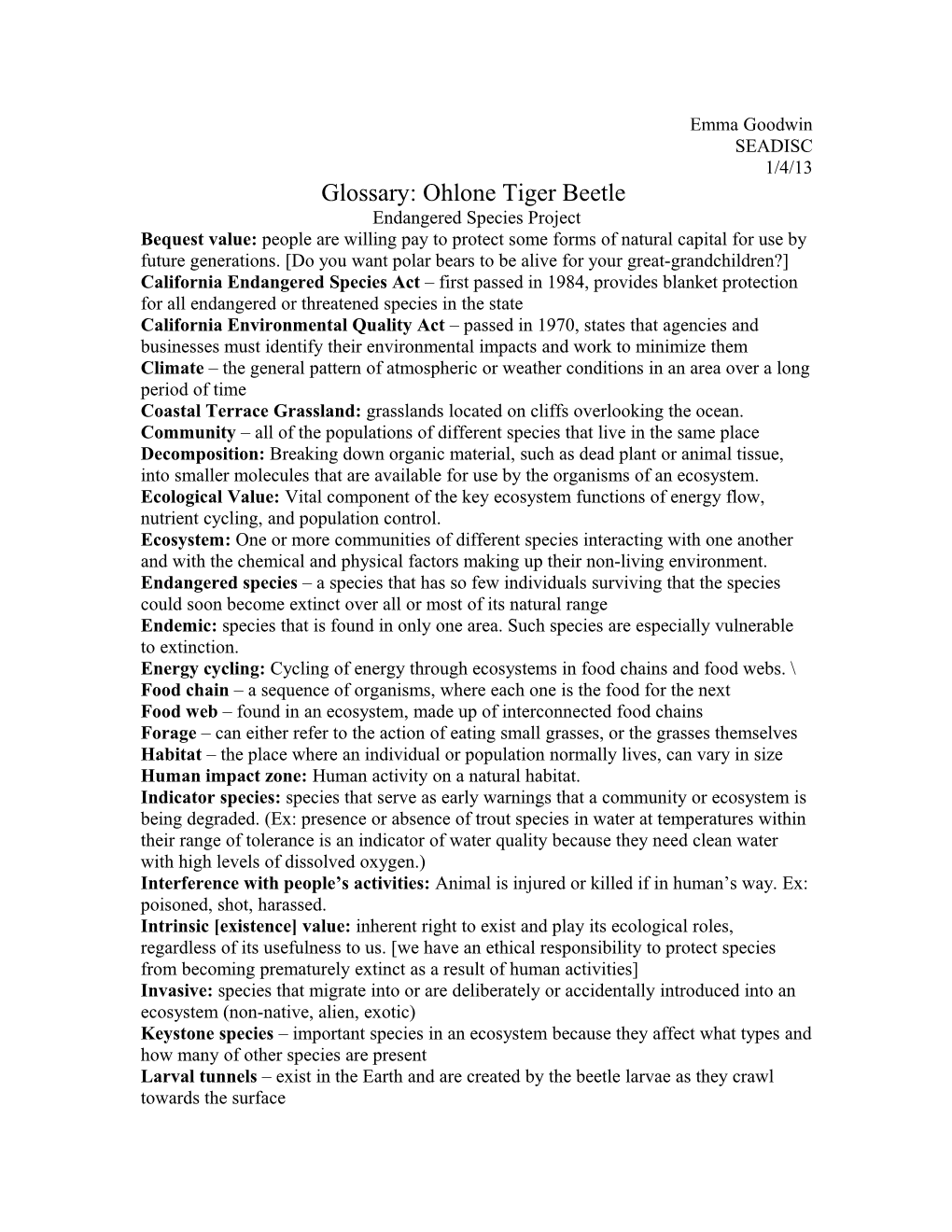 Glossary: Ohlone Tiger Beetle