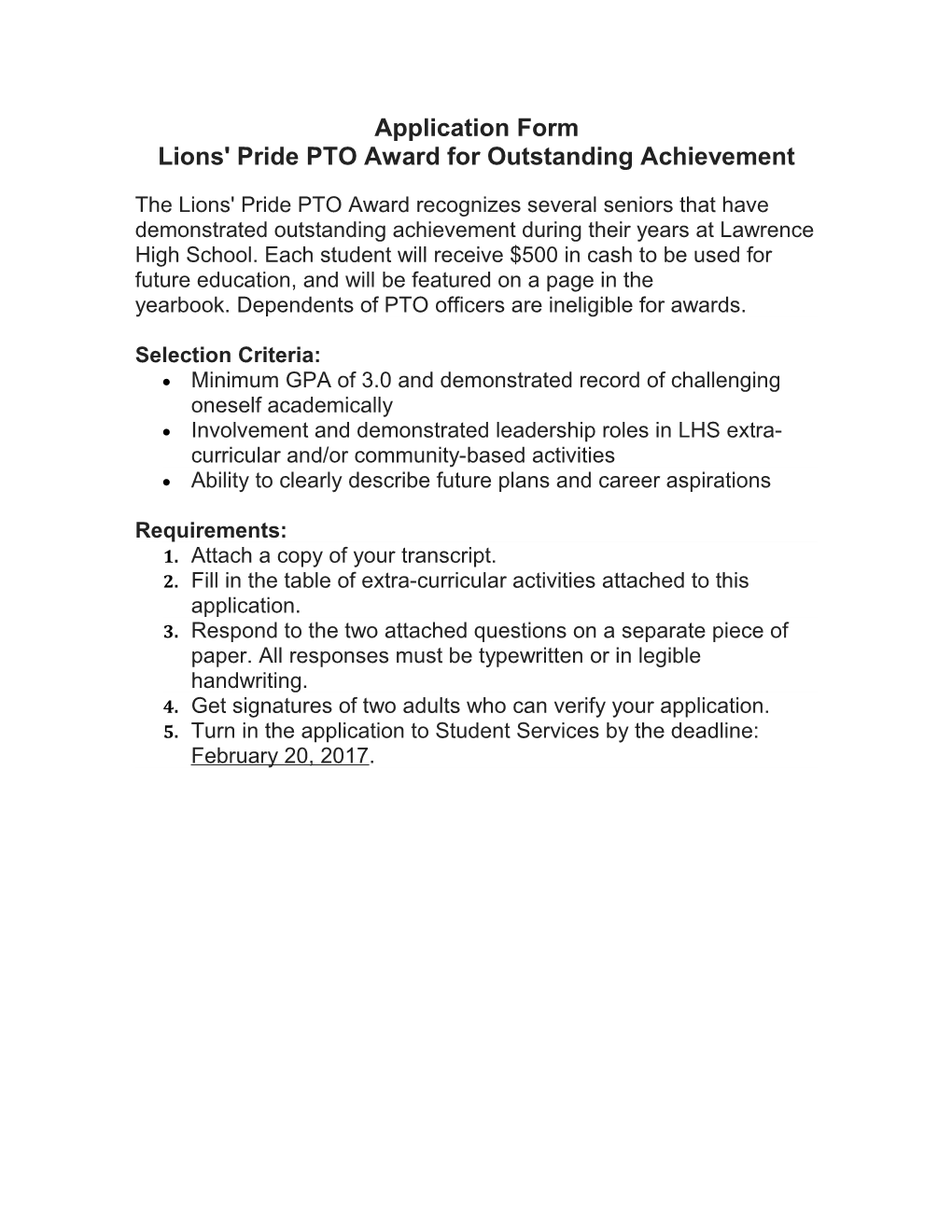 Lions' Pride PTO Award for Outstanding Achievement