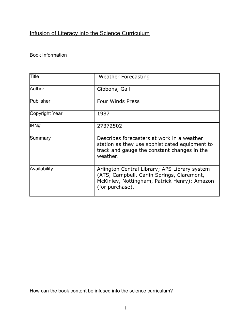 Infusion of Literacy Into the Science Curriculum s1