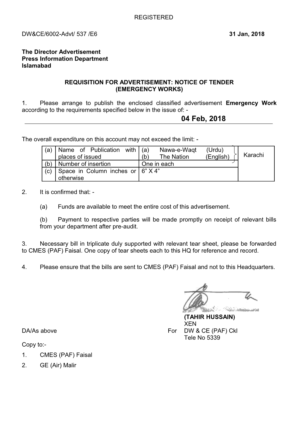 Requisition for Advertisement: Notice of Tender