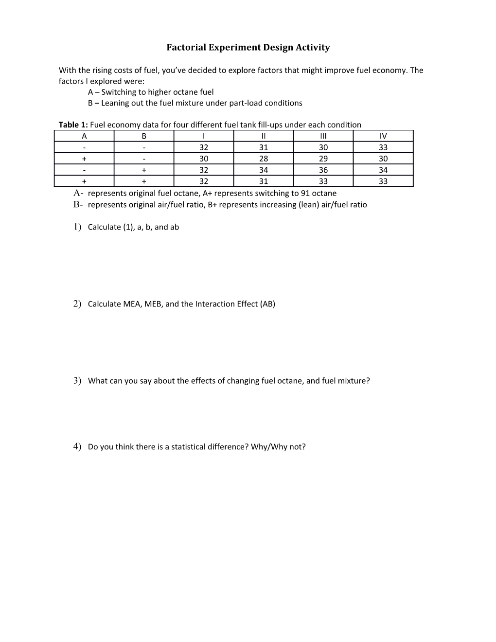 Factorial Experiment Design Activity