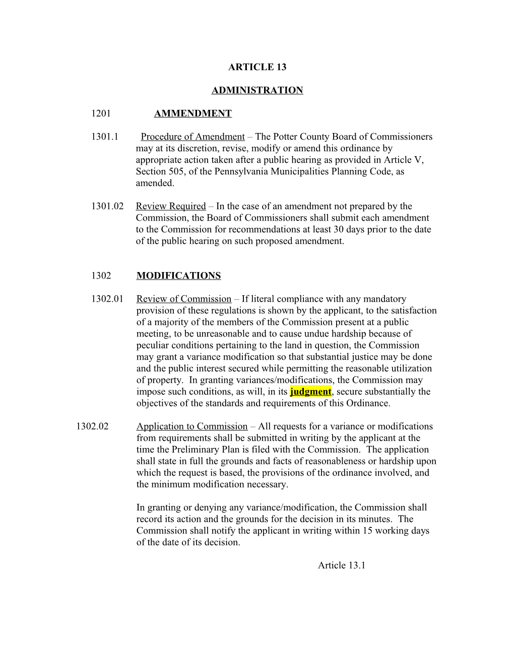 1301.01 Procedure of Amendment the Potter County Board of Commissioners