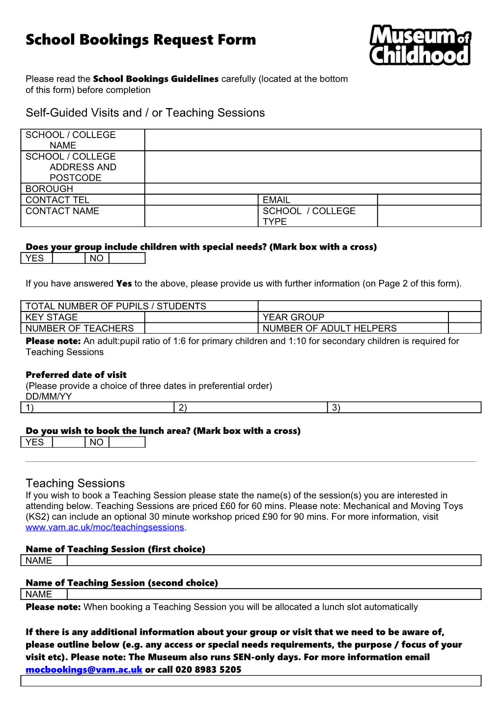 School Bookings Request Form