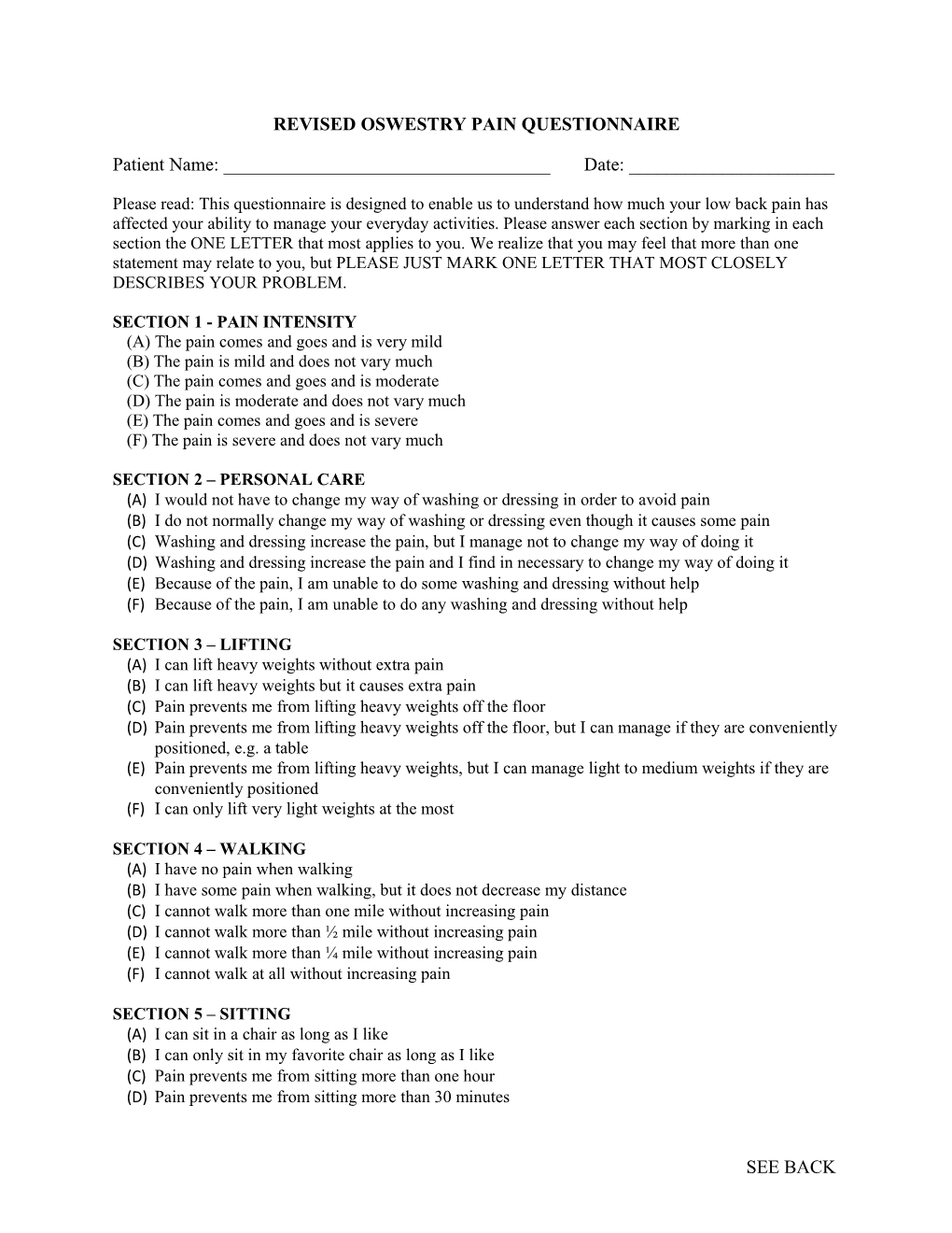 Revised Oswestry Pain Questionnaire