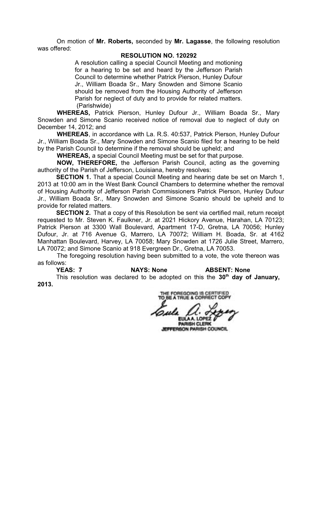 On Motion of Mr. Roberts, Seconded by Mr. Lagasse , the Following Resolution Was Offered