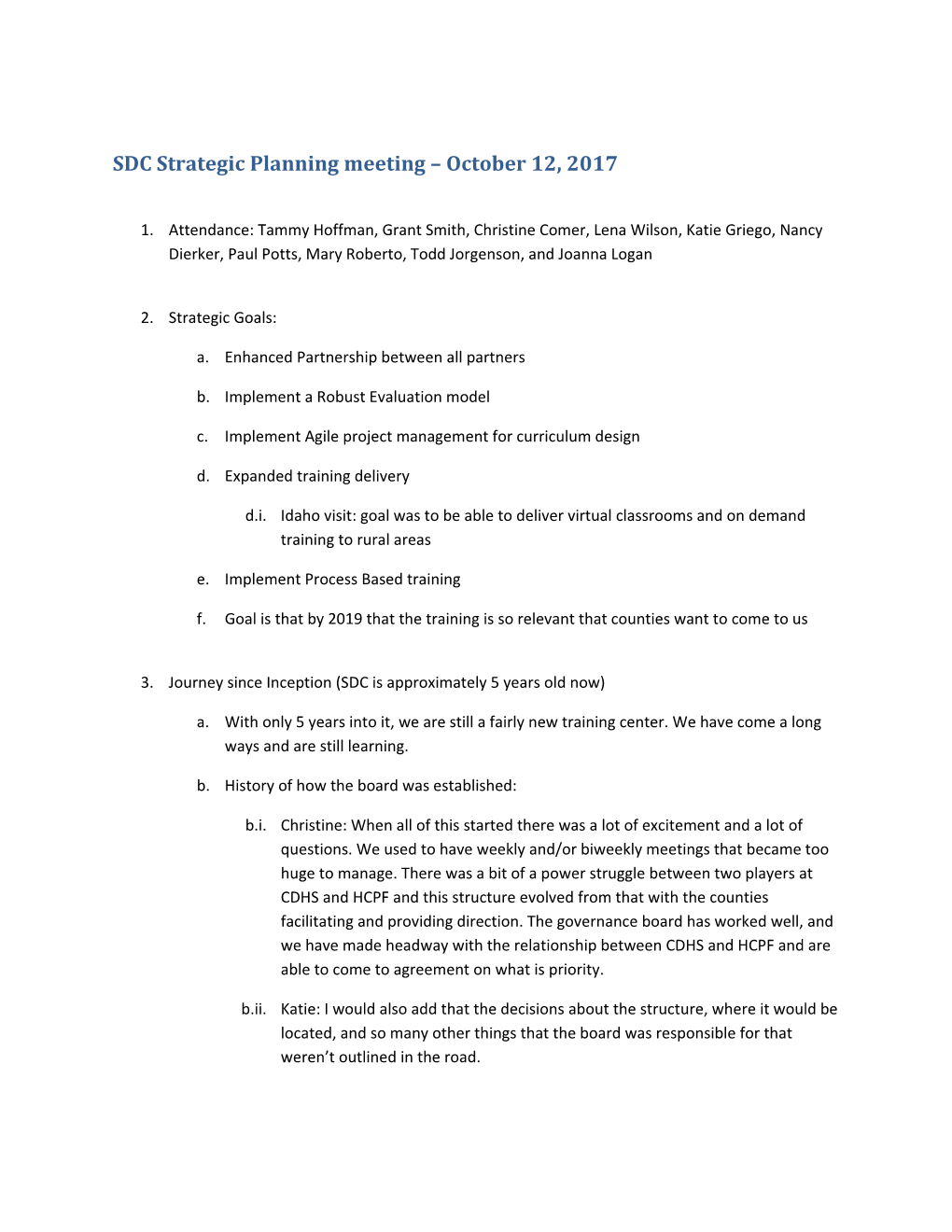 SDC Strategic Planning Meeting October 12, 2017