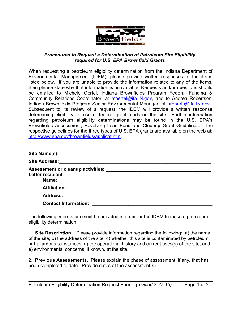 Procedures for the Submittal of Petroleum Site Eligibility Requests As Required by The