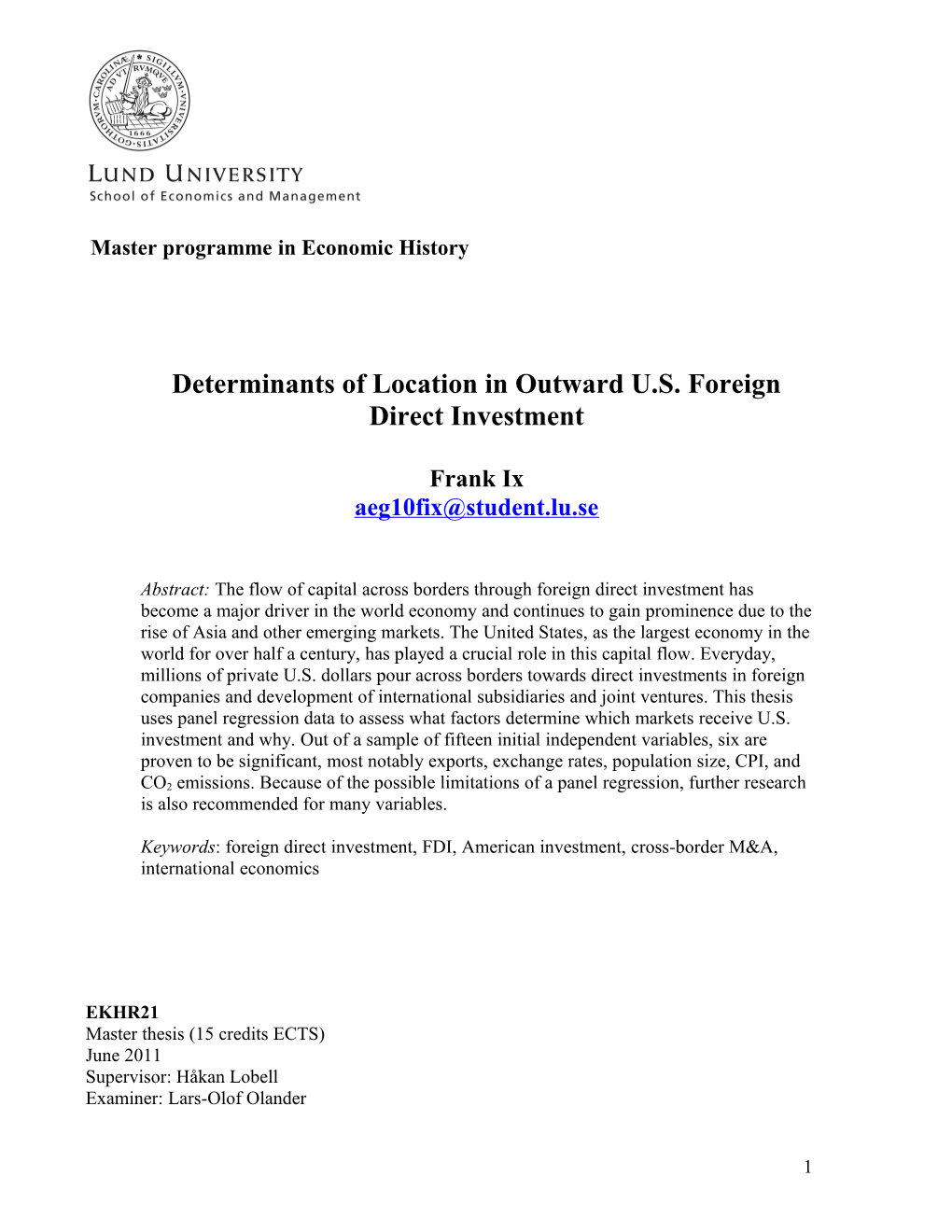 Determinants of Location in Outward U.S. Foreign Direct Investment