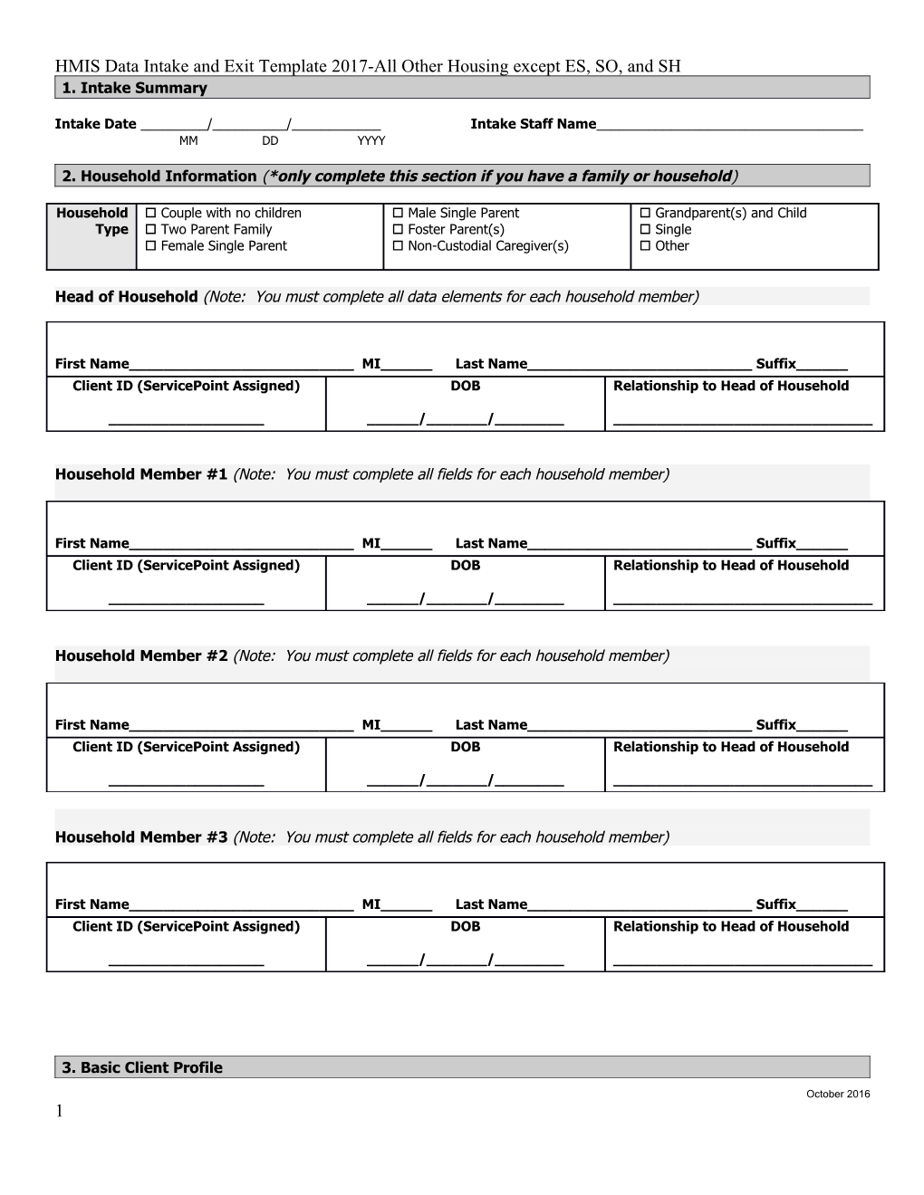 HMIS Data Intake and Exit Template 2017-All Other Housing Except ES, SO, and SH