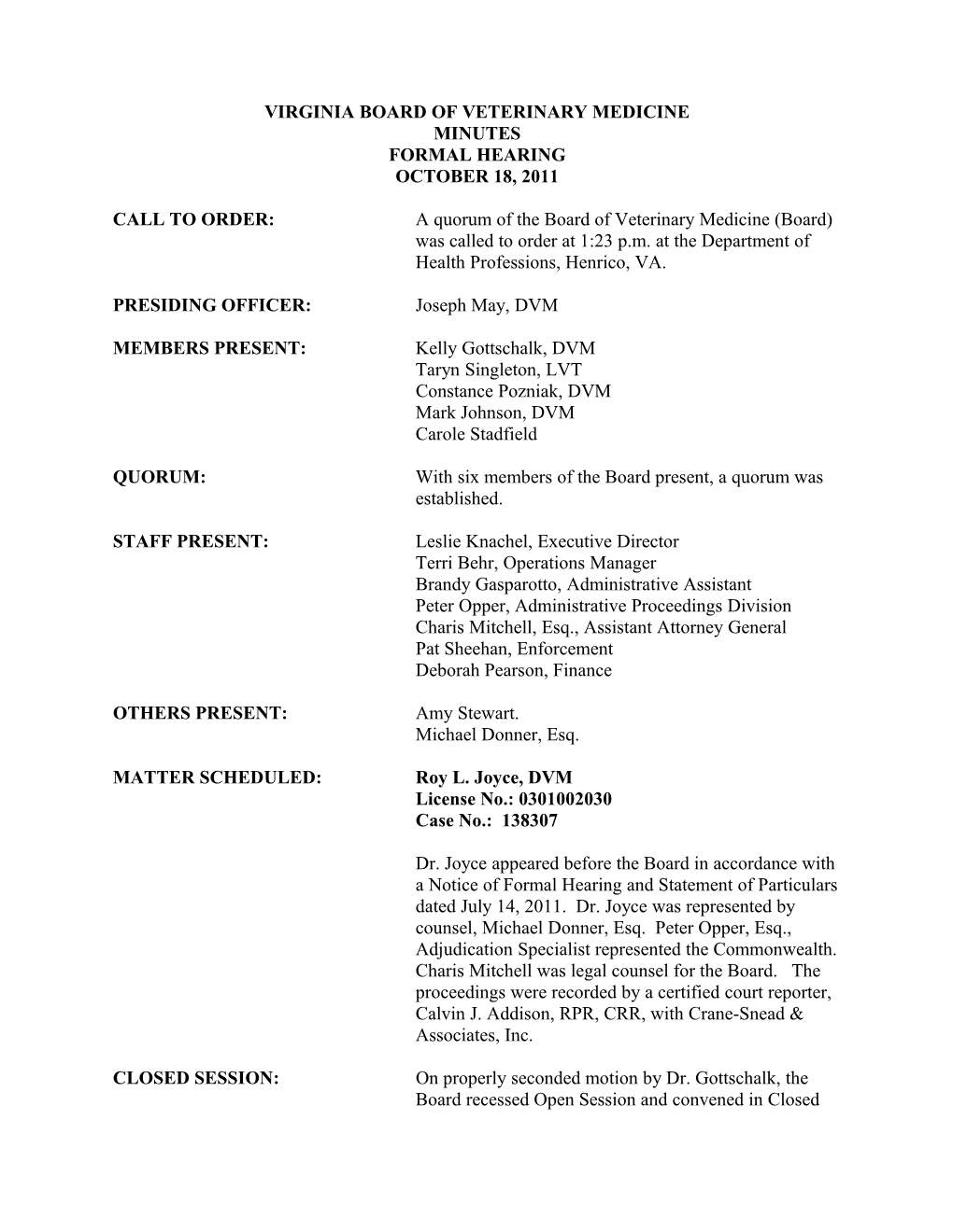 Board of Veterinary Medicine Minutes 10-18-2011