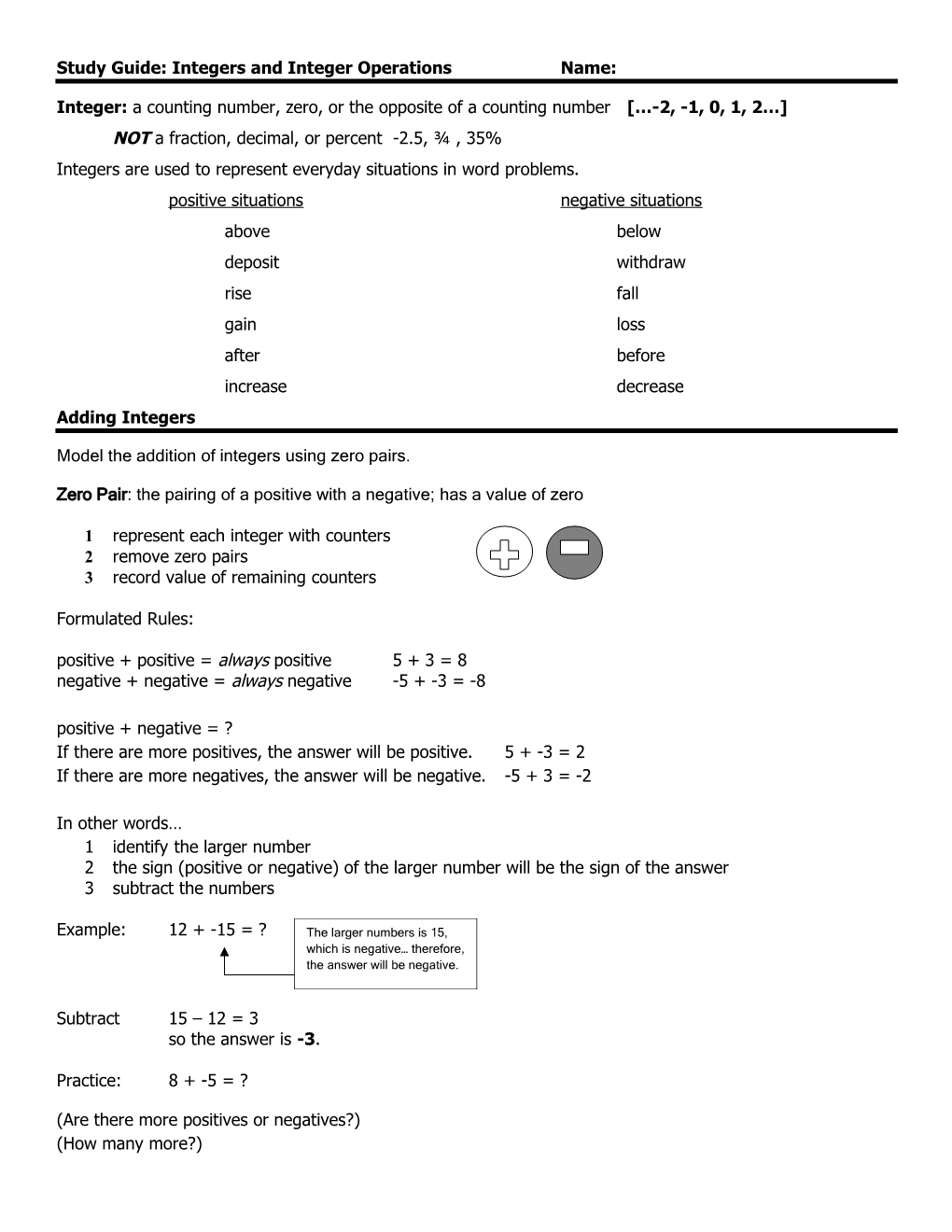 Study Guide: Integers and Integer Operations
