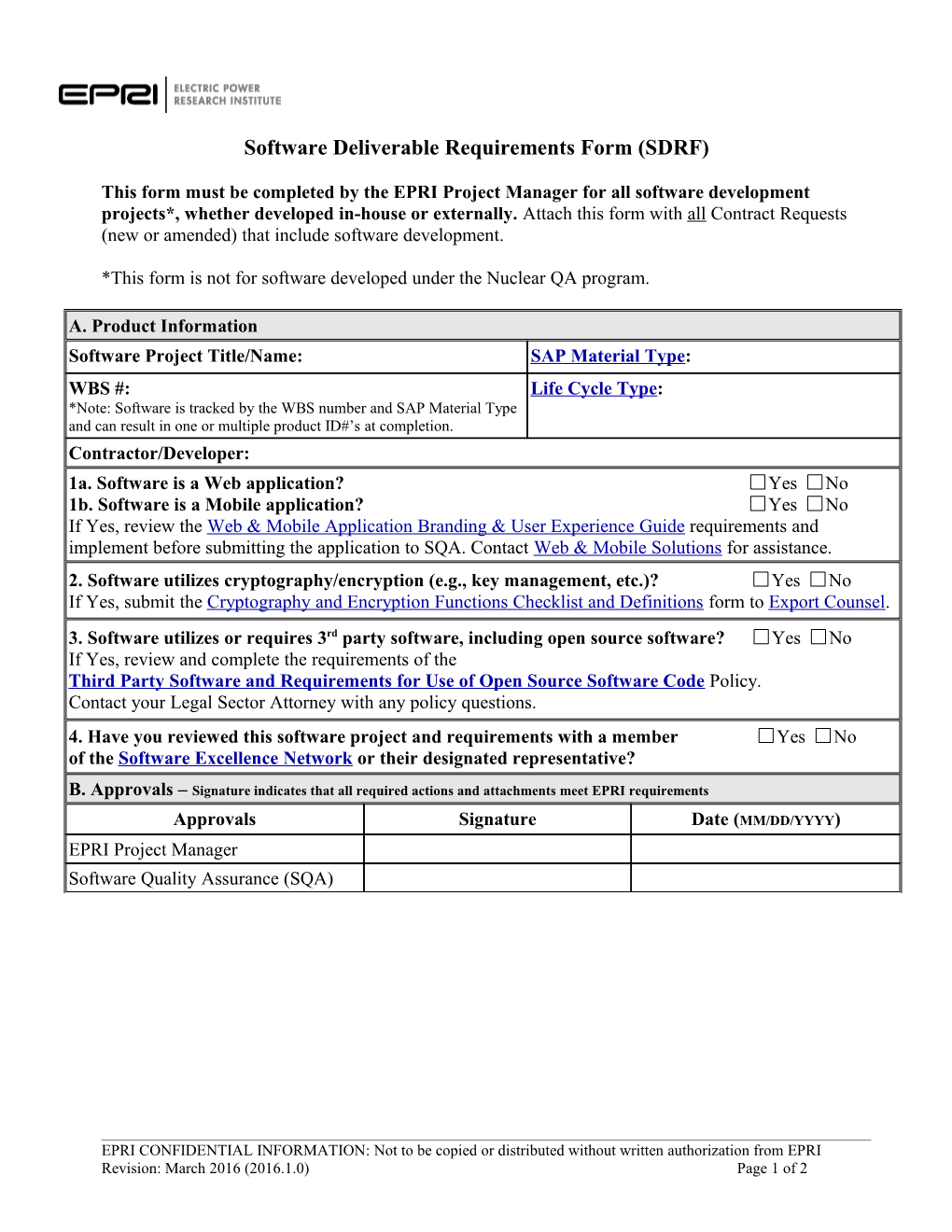 Software Deliverable Requirements Form