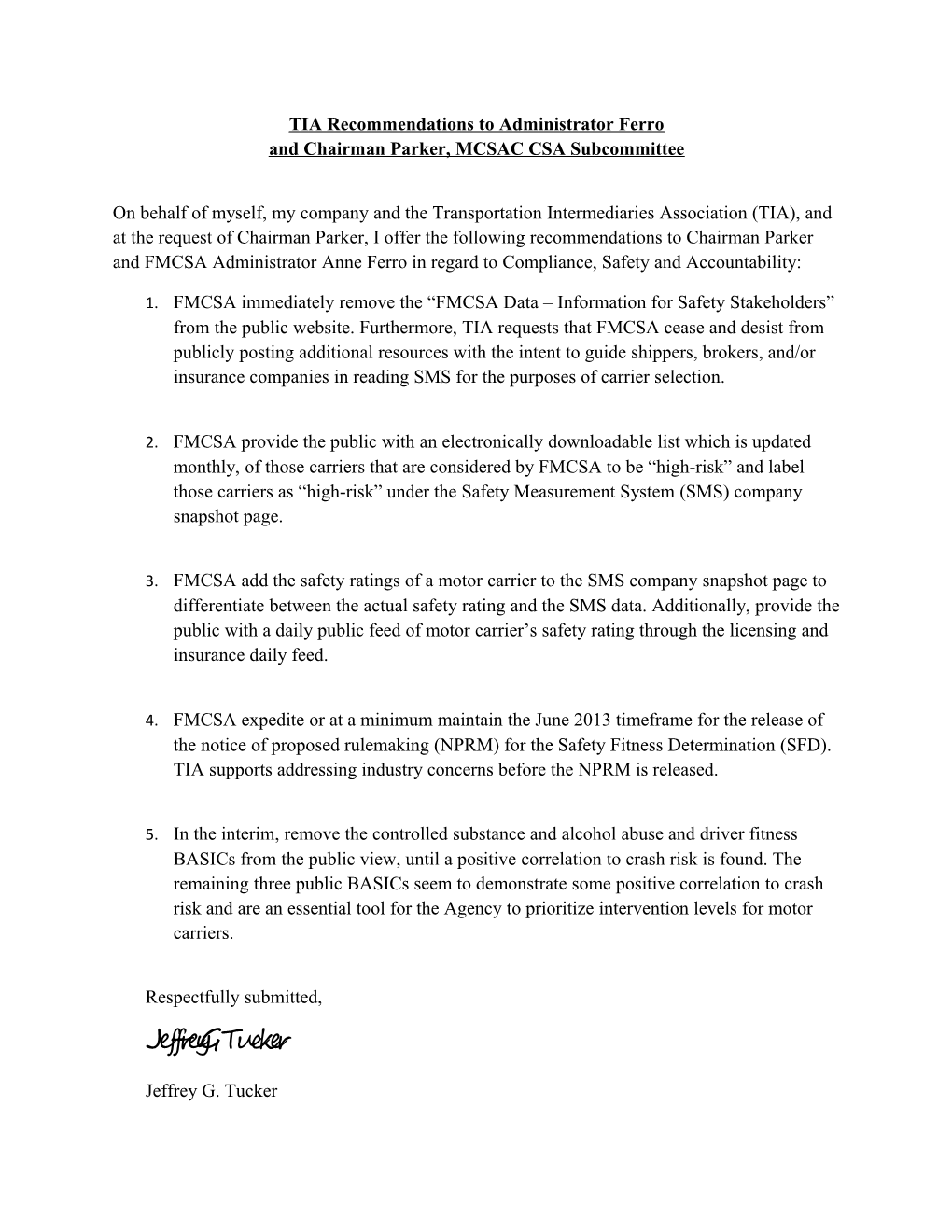 TIA Recommendations to Administrator Ferro and Chairman Parker,MCSAC CSA Subcommittee