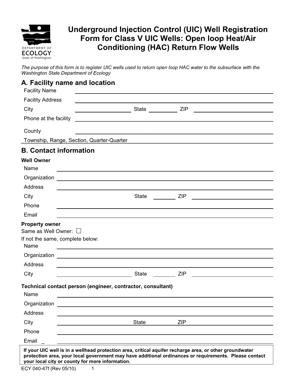 Underground Injection Control (UIC) Well Registration Form for Class V UIC Wells: Open