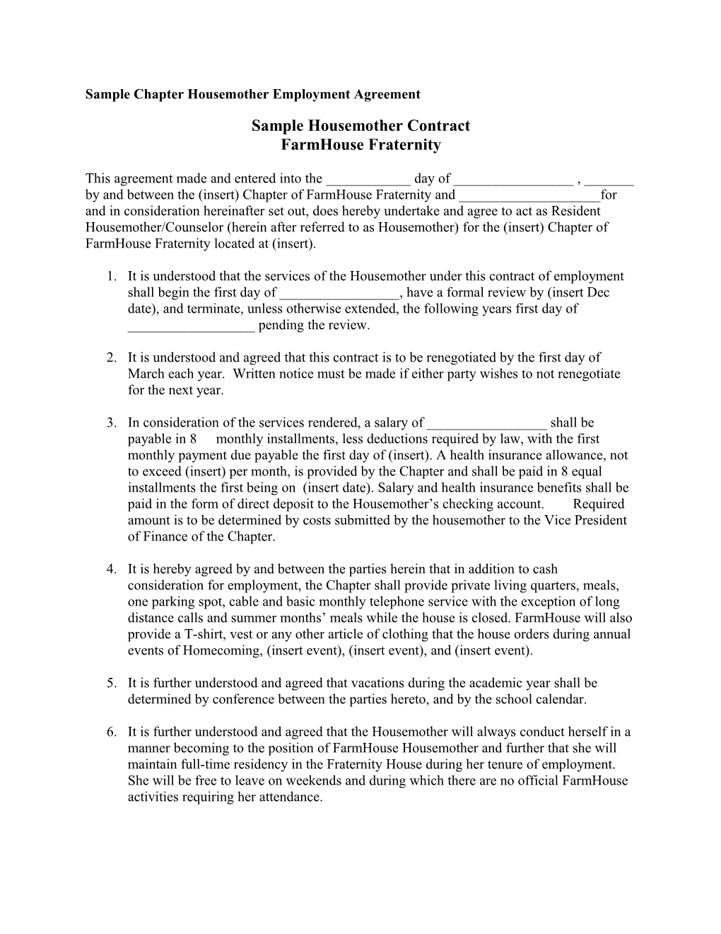 Sample Chapter Housemother Employment Agreement