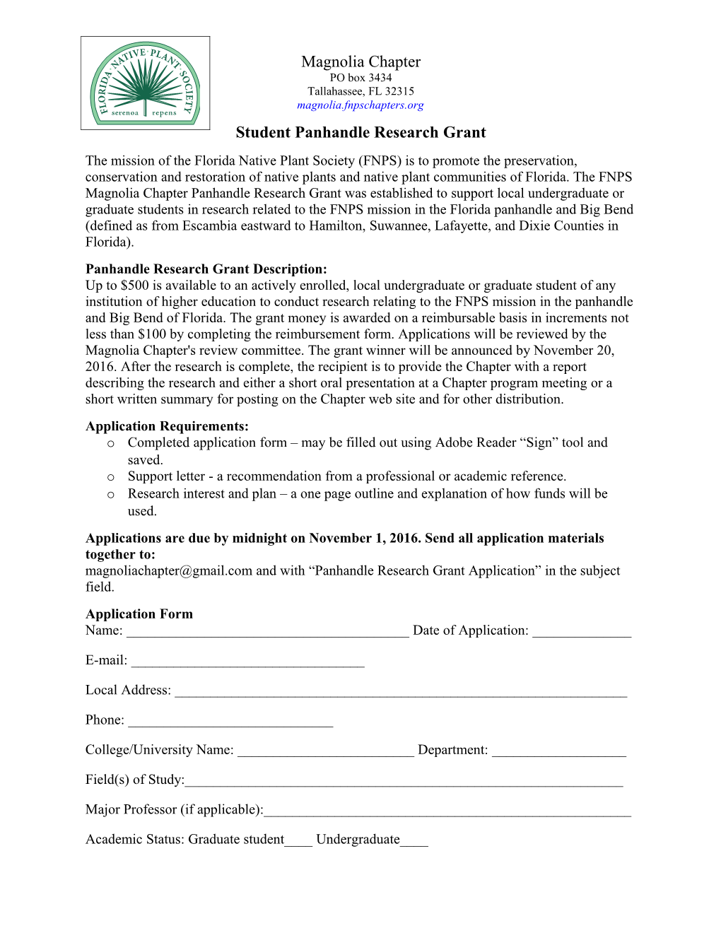 Student Panhandle Research Grant
