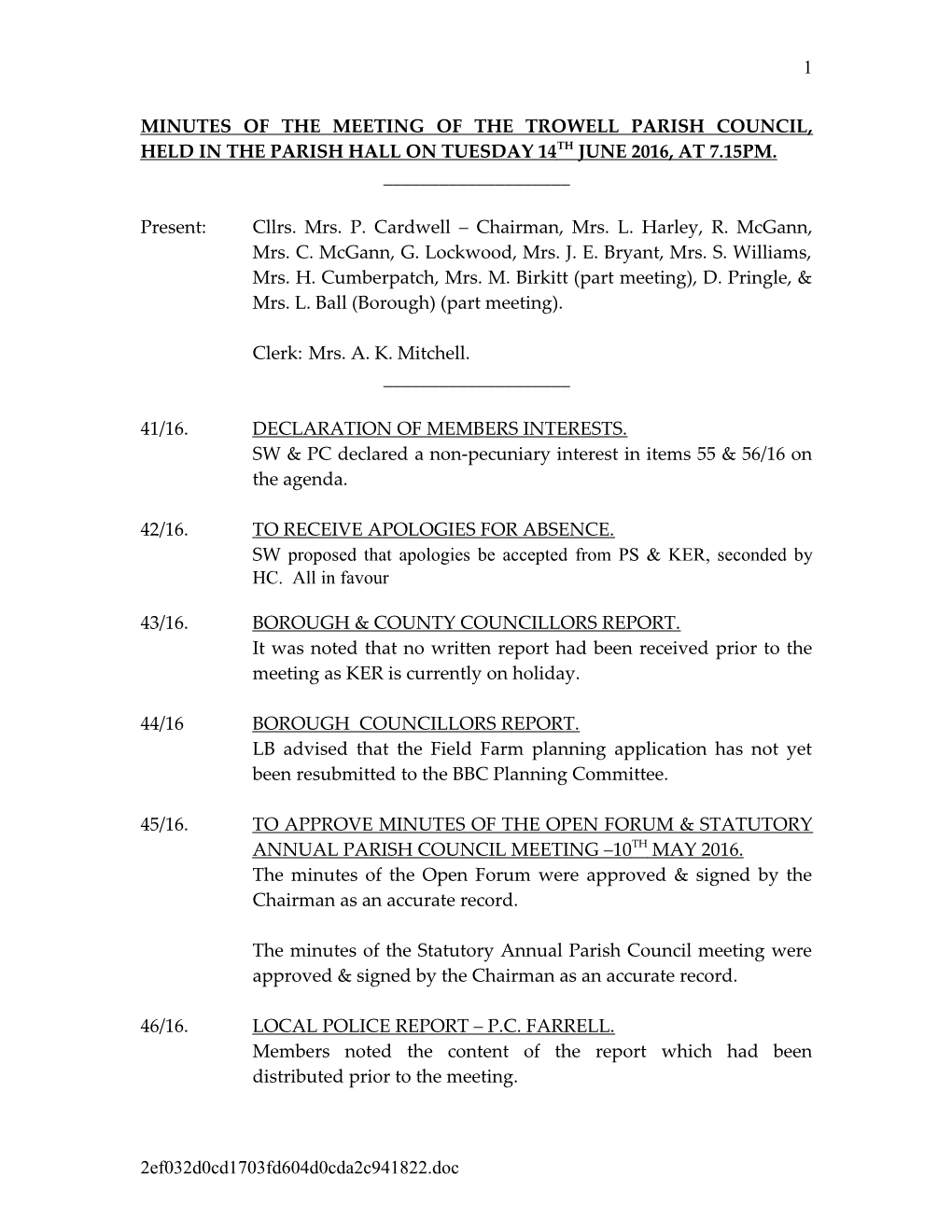 Minutes of the Annual General Meeting of the Trowell Parish Council, Held in the Parish