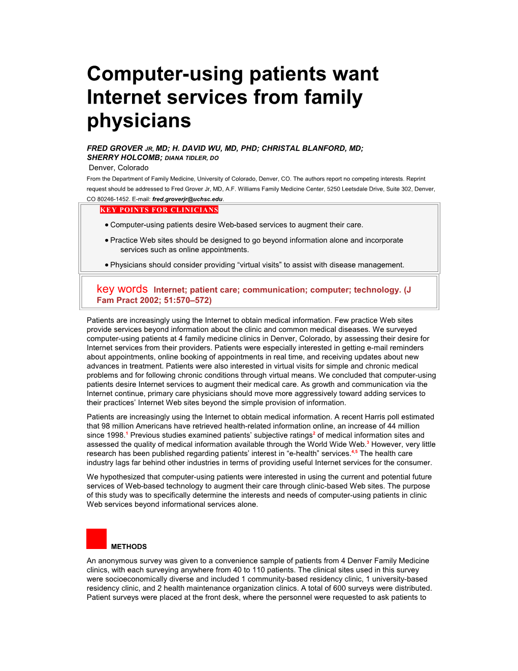 Computer-Using Patients Want Internet Services from Family Physicians