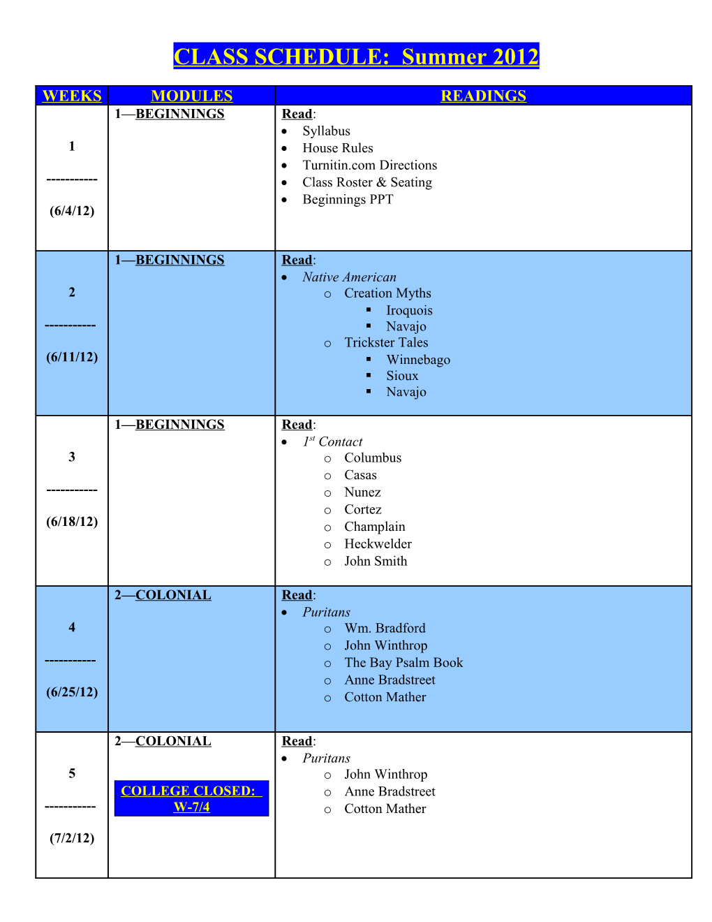 CLASS SCHEDULE: Summer 2012