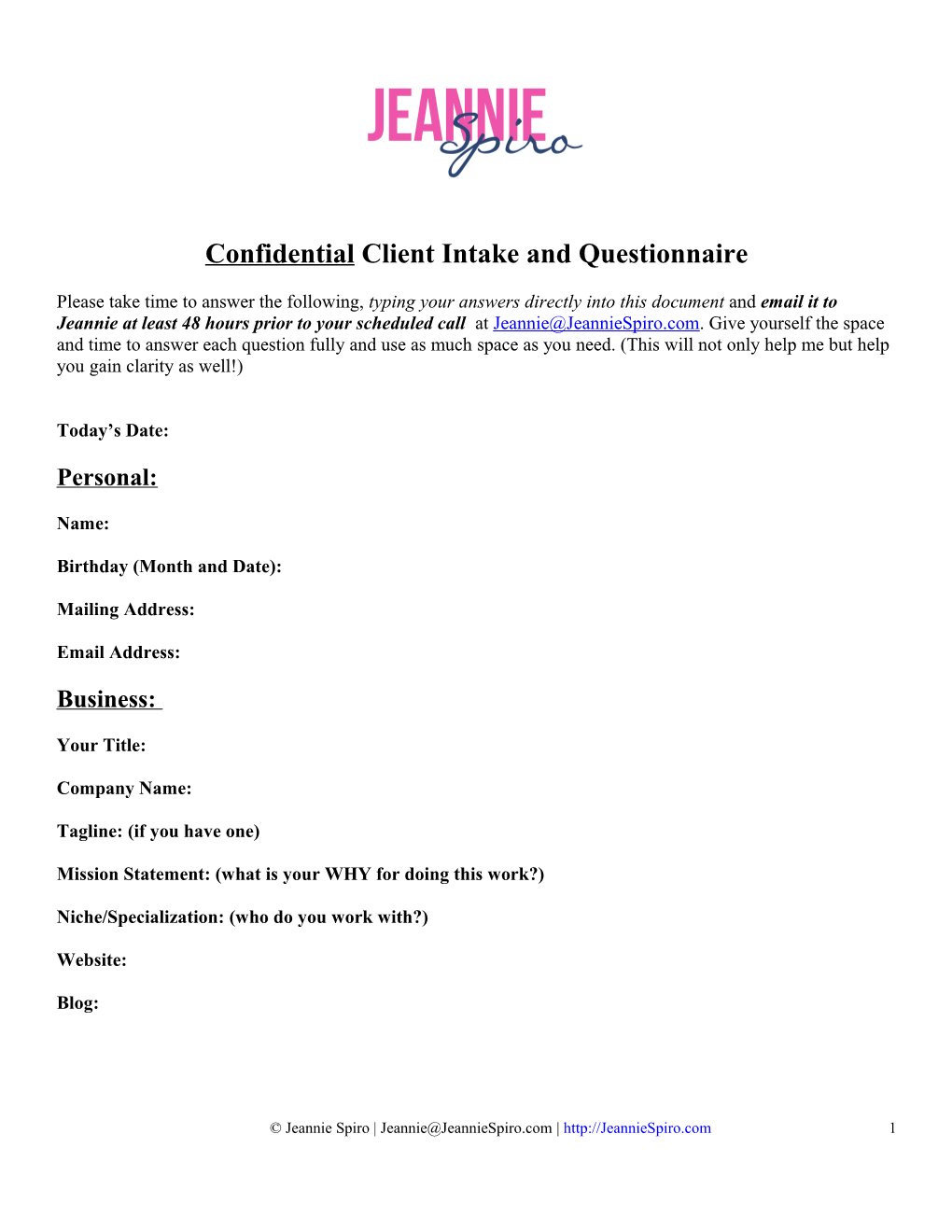 Confidential Client Intake and Questionnaire