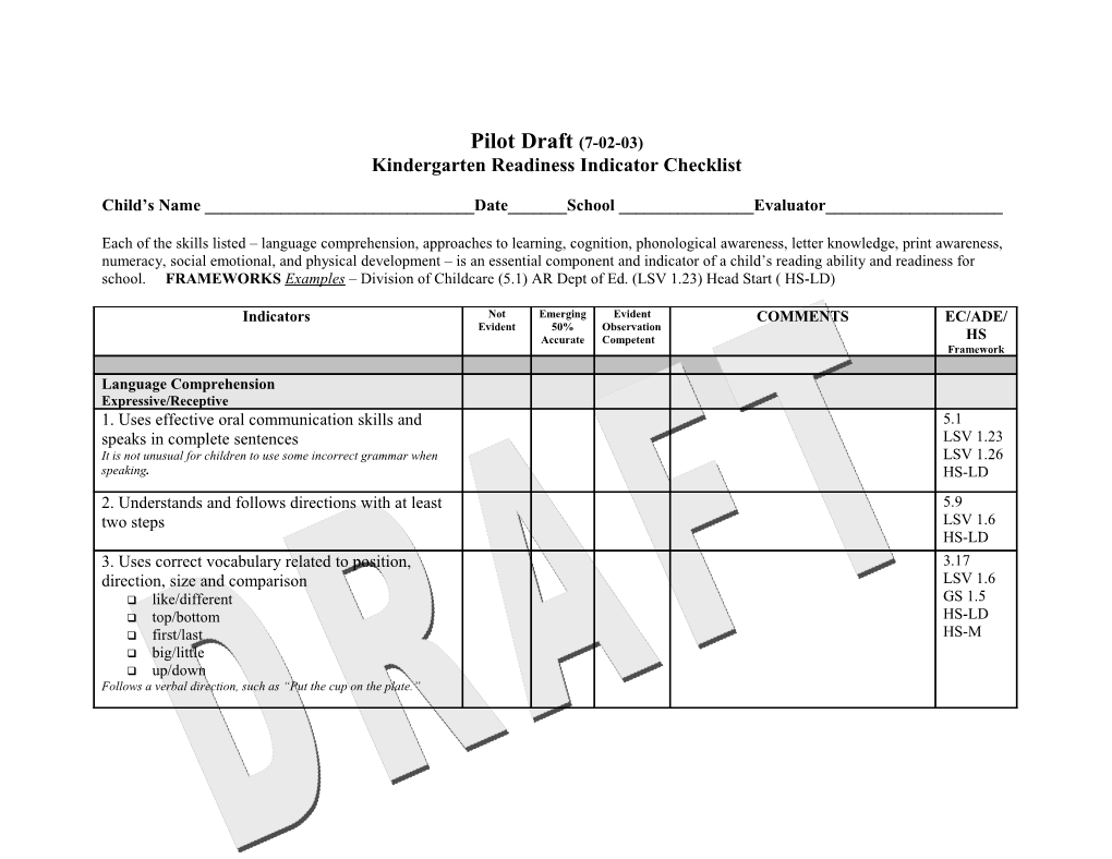 Kindergarten Readiness Indicator Checklist