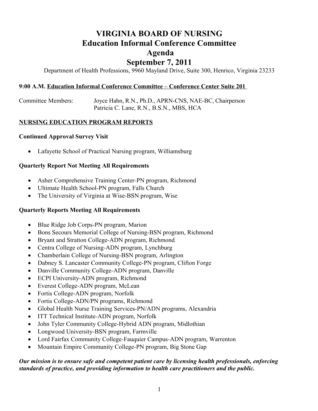 Board of Nursing Agenda - 9-7-2011