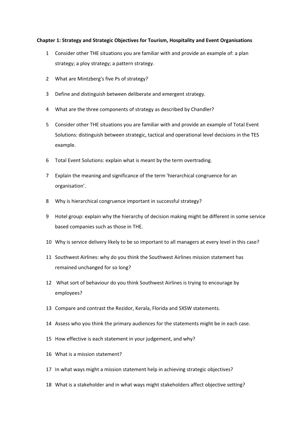 Chapter 1: Strategy and Strategic Objectives for Tourism, Hospitality and Event Organisations