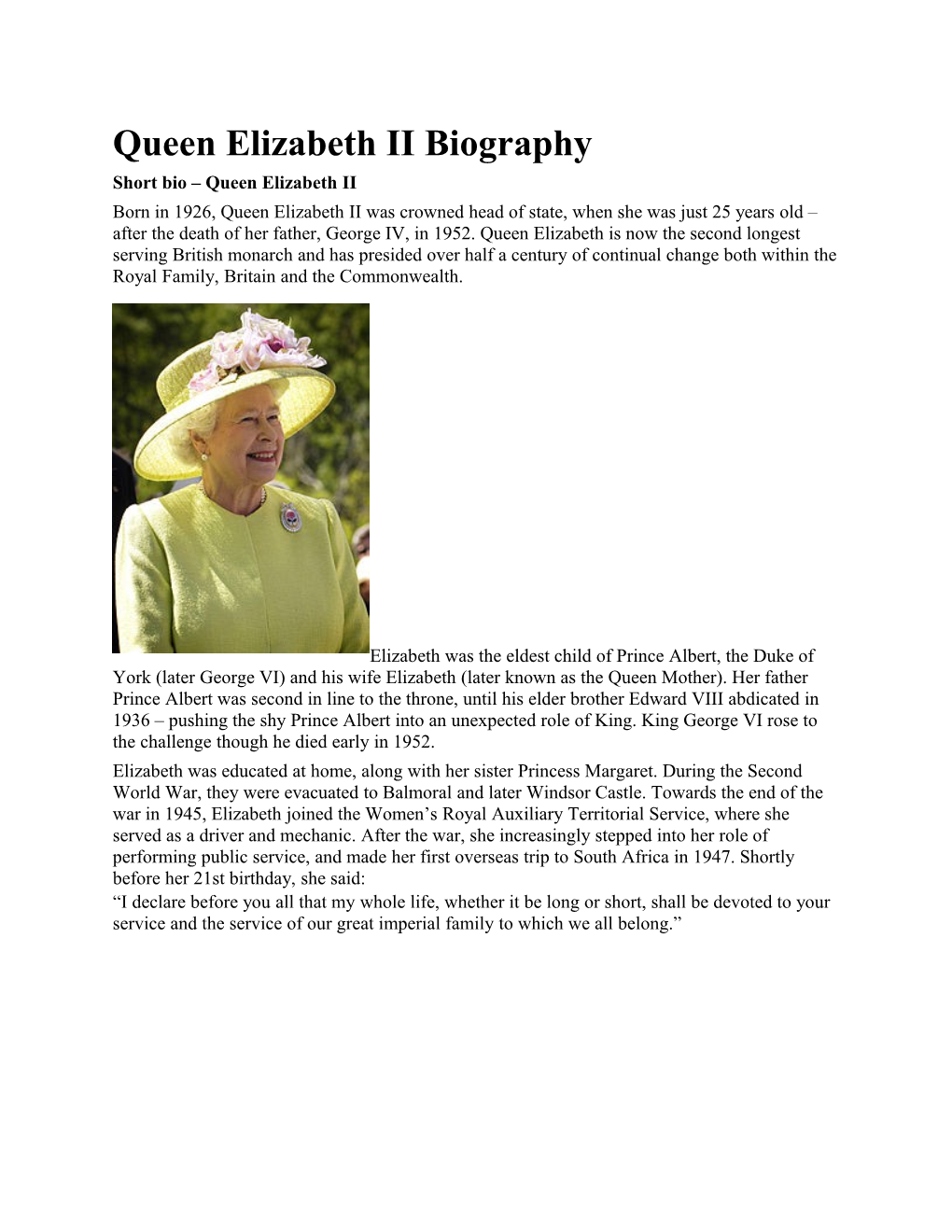 Short Bio Queen Elizabeth II