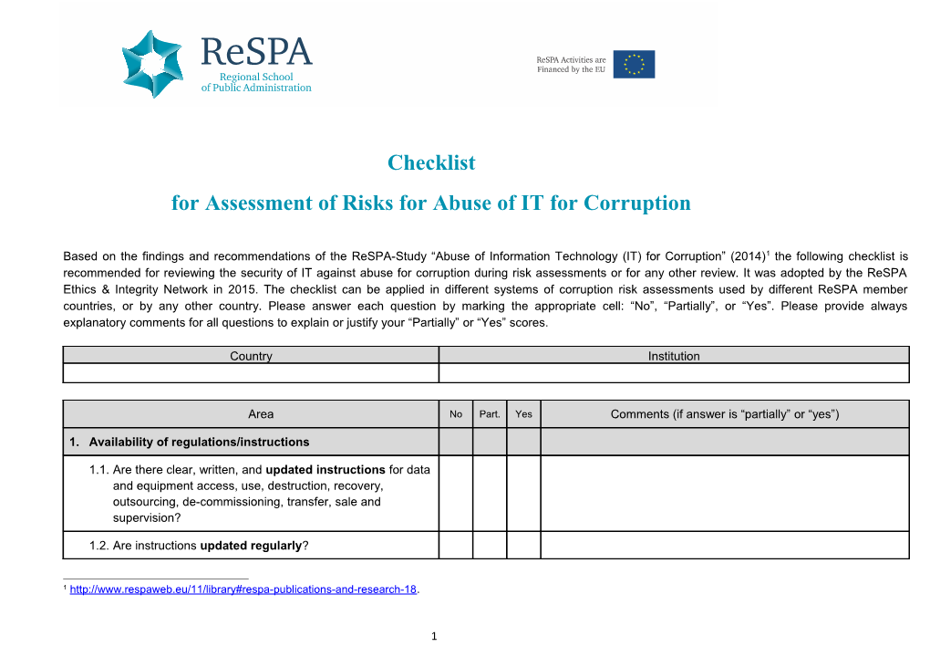 For Assessment of Risks for Abuse of IT for Corruption